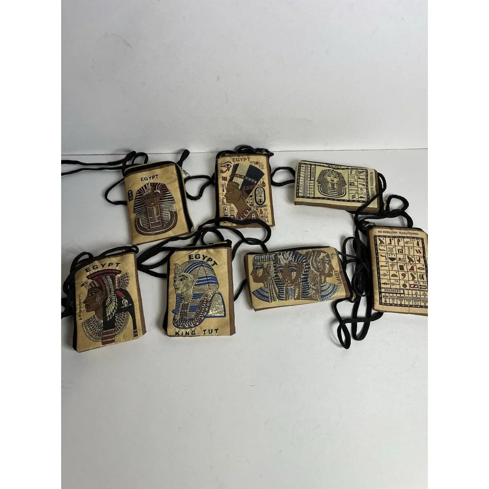 Egyptian Set Of 7 Cleopatra King Tut Egypt Purse Coin Bags With Strap 4x6